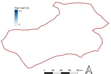 Flood depth map of the catchment with uniform ground conditions, showing no flooding