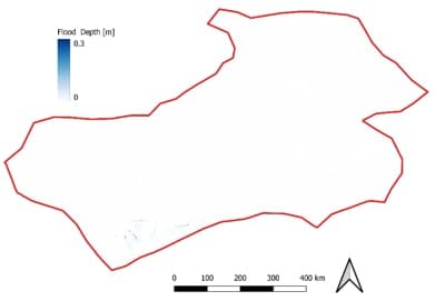 Flood depth map of the catchment without antecedent conditions, showing small areas of shallow flooding in the south