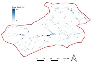 Flood depth map of the catchment with the previous day's rainfall, showing flooding across most of the basin