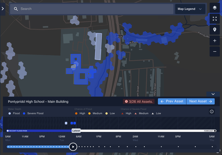 Flood forecast map of Pontypridd High School showing flood and severe flood areas, with an hourly forecast timeline